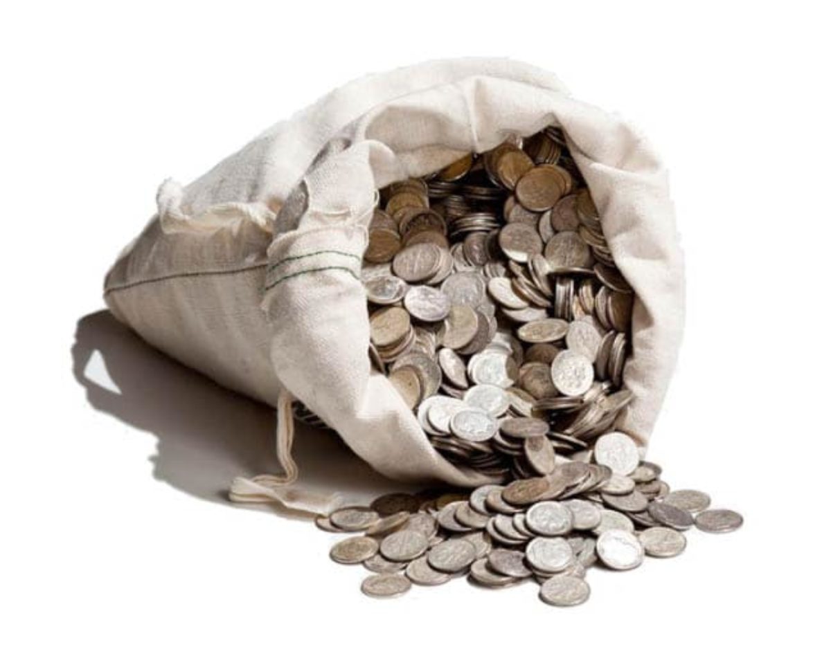 Silver coins spilling from a bag