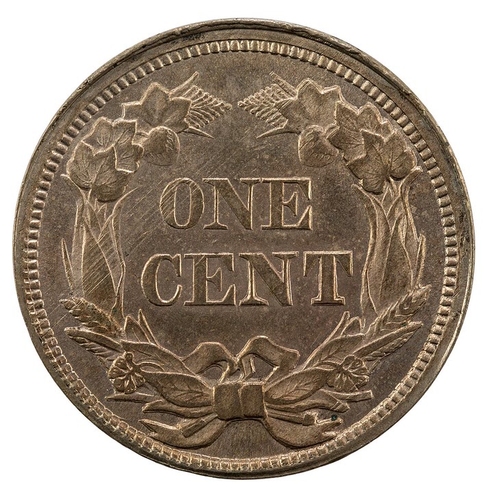 Reverse of a Flying Eagle cent: ONE CENT in a wreath