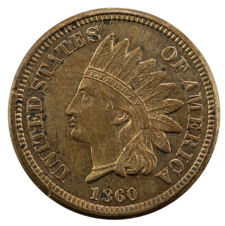 Obverse of an 1860 Indian Head cent: Liberty in a feathered headdress, date below