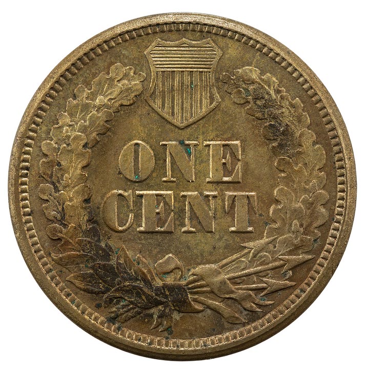Reverse of an 1860 Indian Head cent: oak wreath with shield and ONE CENT