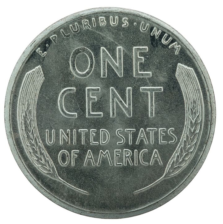 Reverse of a 1943 steel Lincoln cent: wheat stalks and ONE CENT