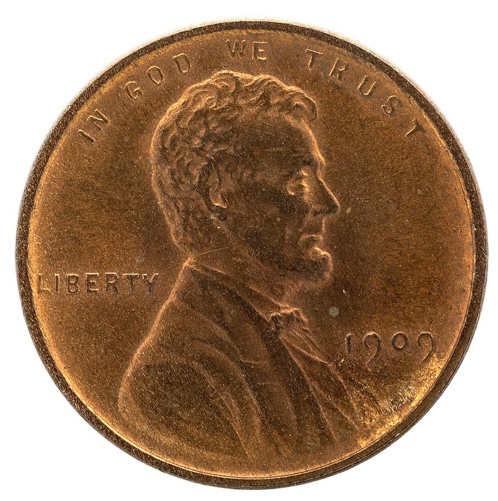 Obverse of a 1909 Lincoln wheat cent: Lincoln bust, LIBERTY, date