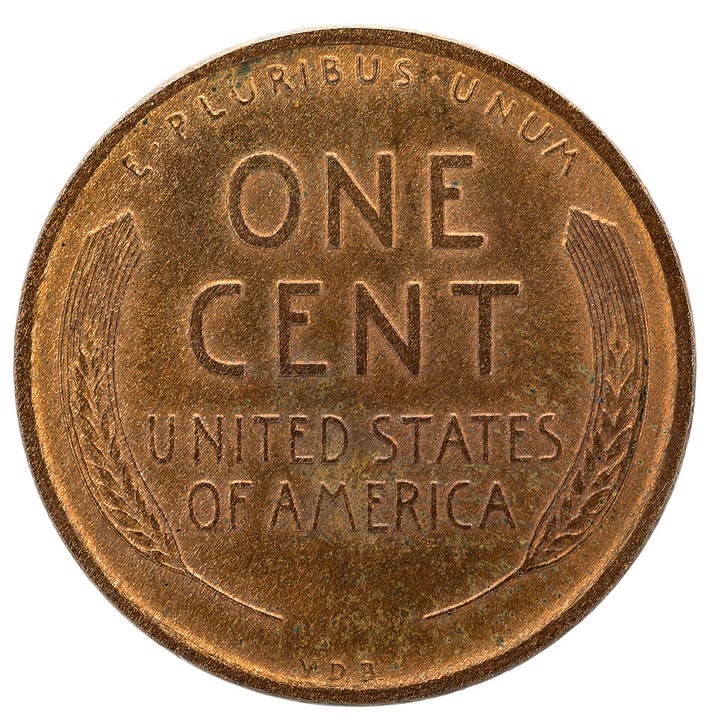 Wheat-stalk reverse of a Lincoln cent: ONE CENT between two wheat ears, V.D.B. at the bottom