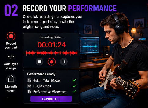 Record your performance — one-click recording, auto-synced and mixed with the stems